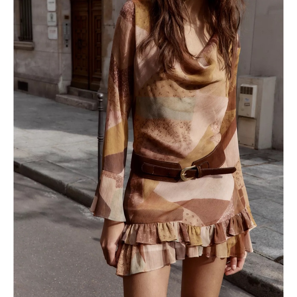 Patchwork Print Belted Mini Dress, Multicolor, Za… - image 6